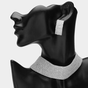 Silver Rhinestone Choker Necklace Chain Set Statement Jewelry Accessories 15 Row